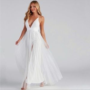 White Pleated Tulle Formal Dresses